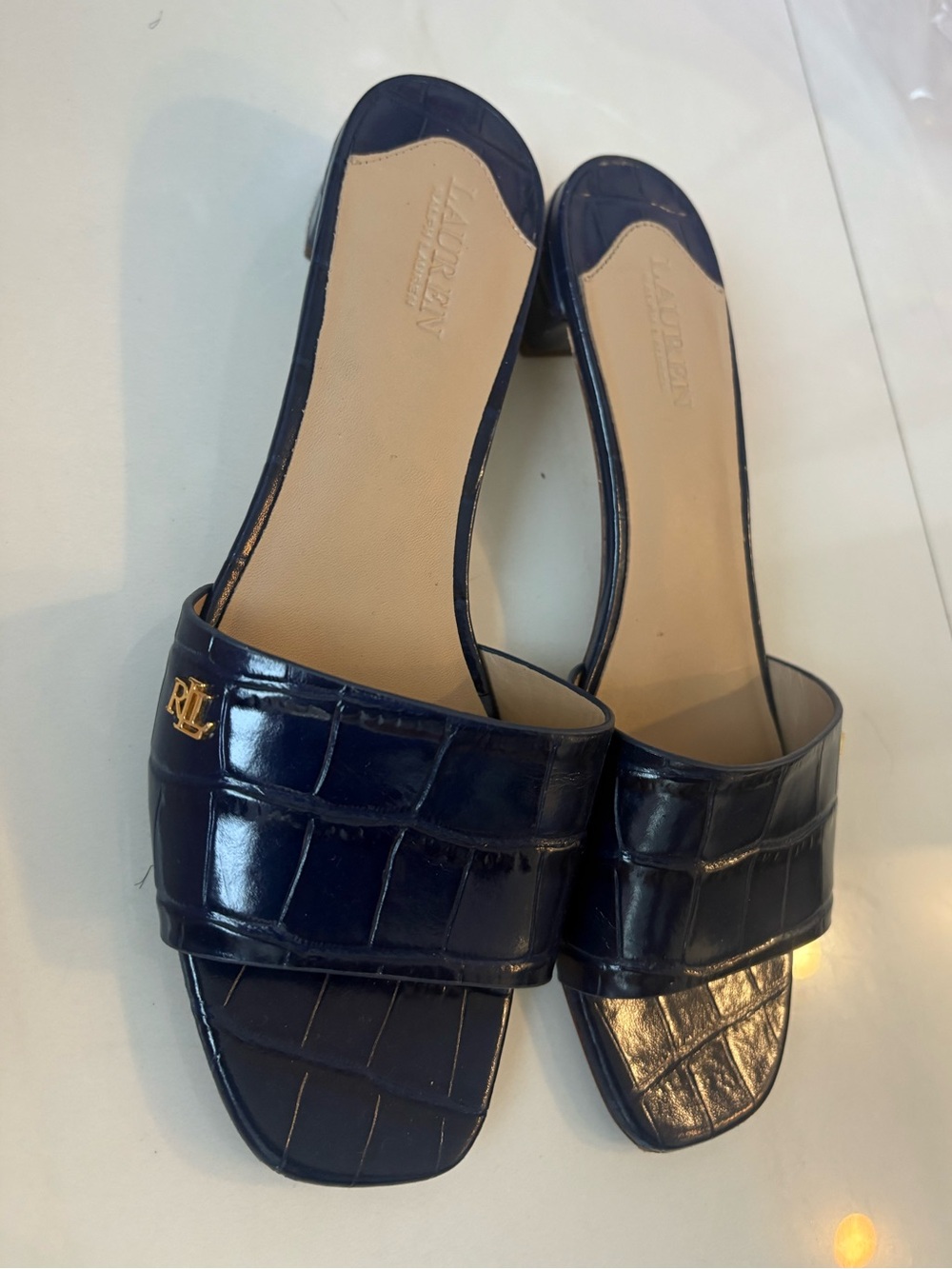 Ralph Lauren Navy Croc-Embossed Leather Slide Sandals